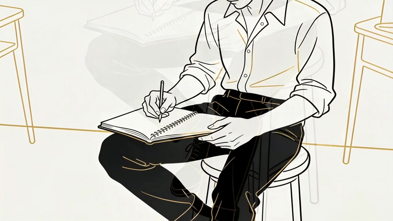 Uomo che si esercita a disegnare con le maniche arrotolate su uno sgabello in uno studio, la penna che tocca la pagina, mentre tiene un blocco a spirale