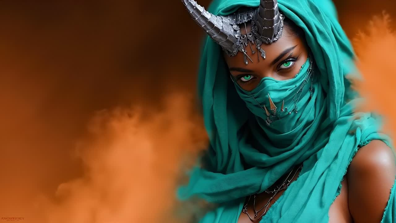 A woman wearing a green veil and horns on her head