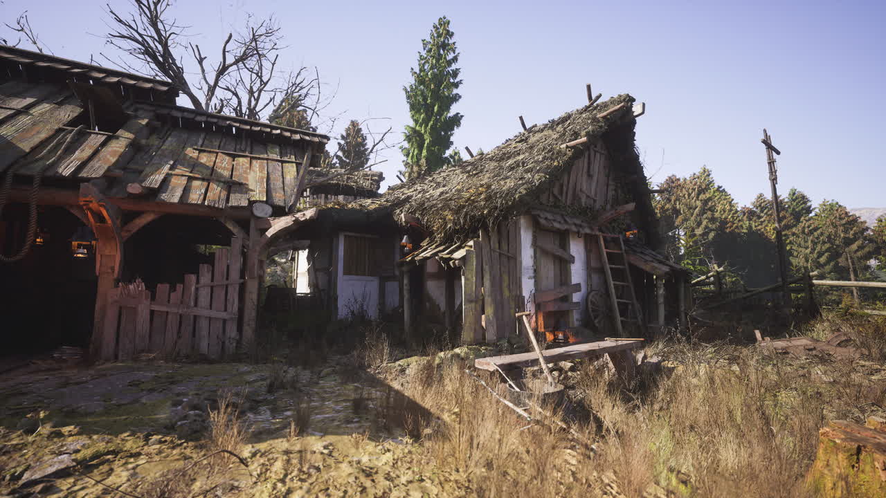 Abandoned rural hut with overgrown vegetation in bright daylight