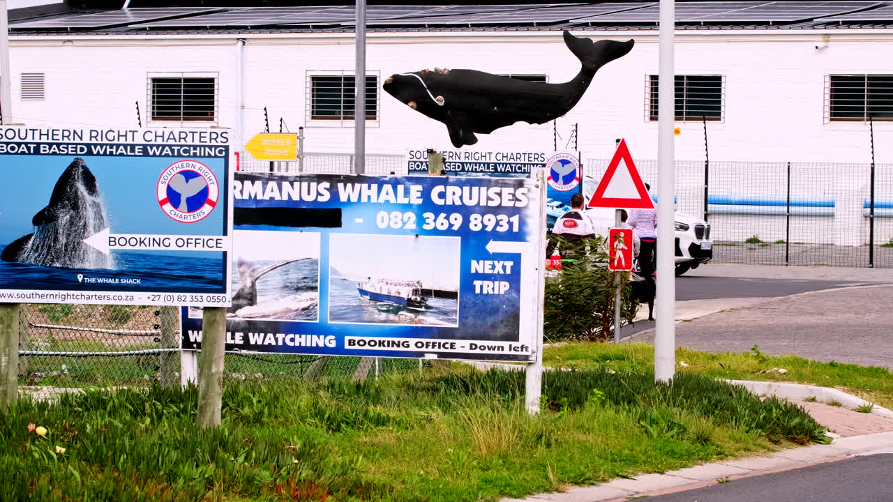 Ecotourism sign boards at entrance to the Hermanus New Harbour on windy day