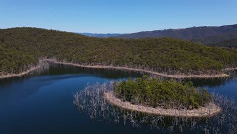 forested mountain at advancetown lake with motionless water - hinze dam - gold coast, qld, australia