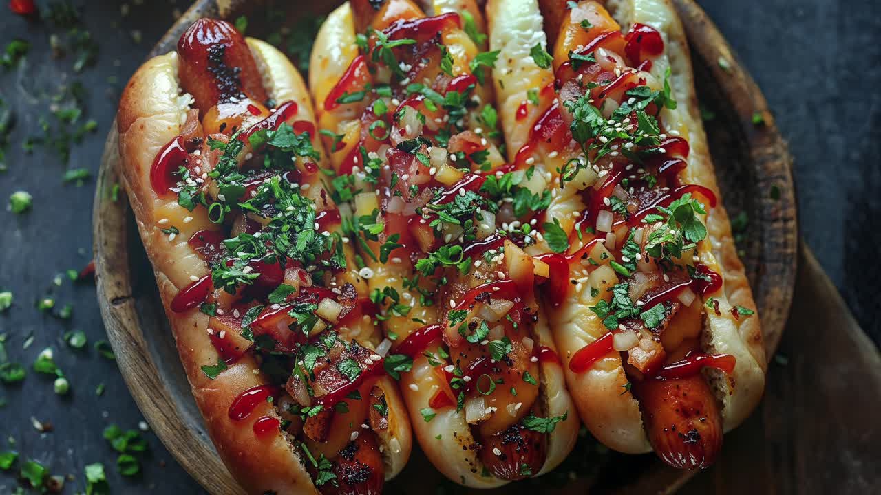 세 개의 맛있는 핫도그가 베이컨, 치즈, 양파, 파슬리로 여 있는 클로즈업