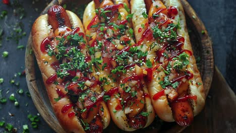 primer plano de tres perritos calientes gourmet con tocino, queso, cebollas y perejil