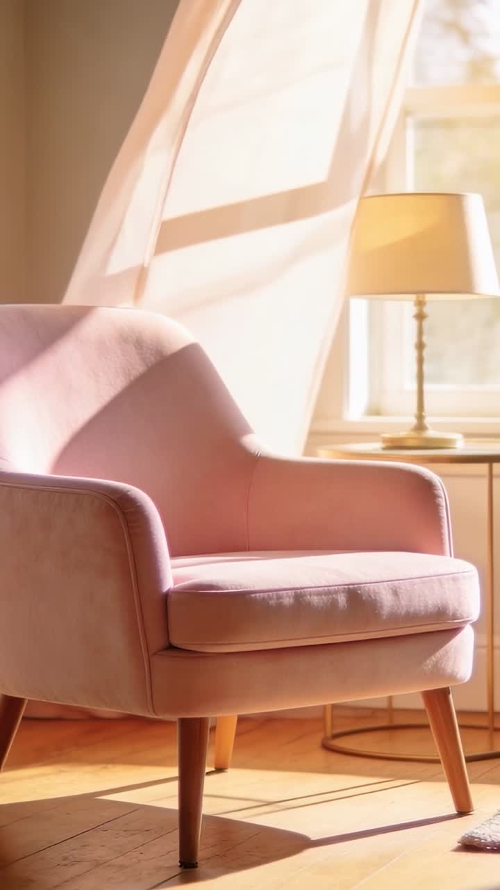 Video verticale: Brezza dalla finestra che solleva la tenda e sposta la luce del sole su una sedia rosa per l'arredamento di casa.