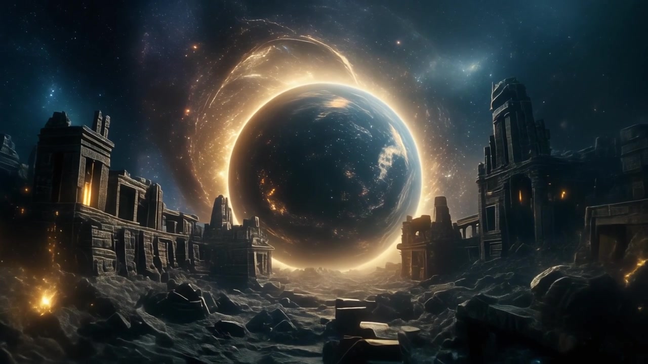 Ancient Ruins on Alien Planet Under a Glowing Eclipse