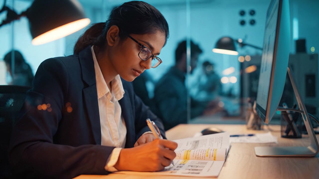 Focused Professional Working at Desk with Documents and Computer, Deep in Concentration, Illuminated by Warm Desk Lamp during Evening Hours in Office Setting