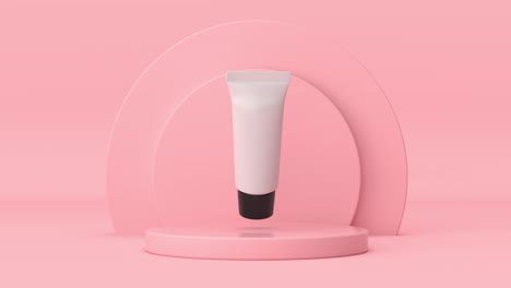 4k resolution video: white cosmetic tube rotating over pink cylinders products stage pedestal on a pink background loop animation