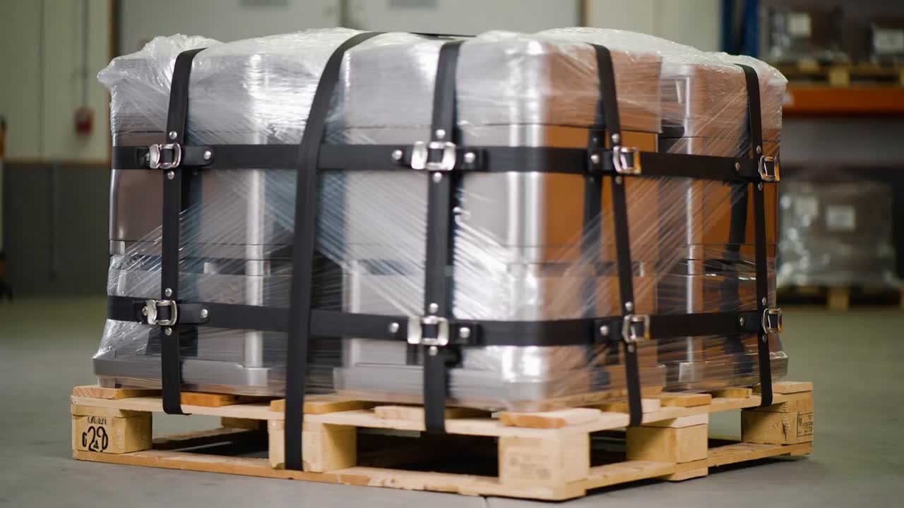 Panning camera around pallet wrapped in clear film revealing sides in storage, steel boxes strapped