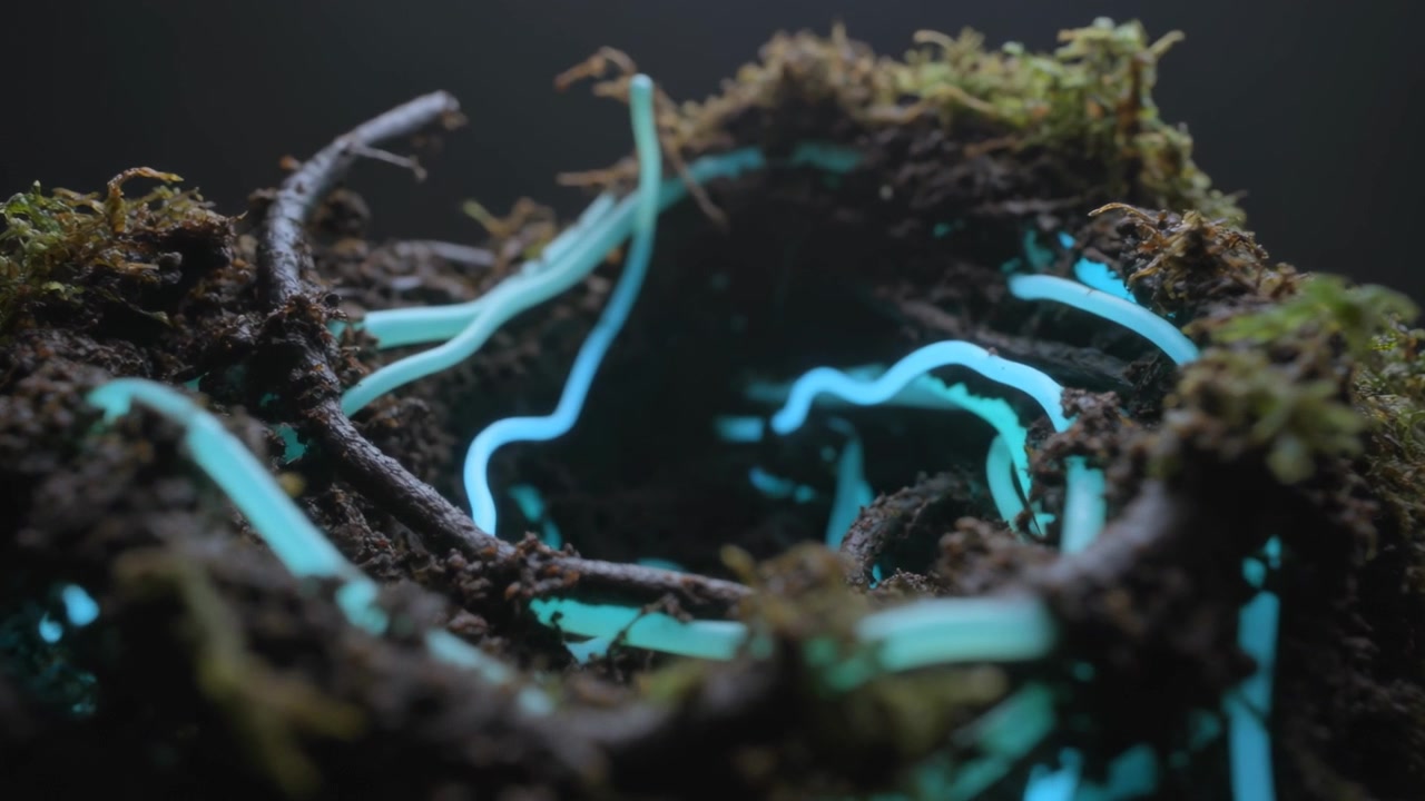 Caméra en mouvement descendant vers le centre du nid, révélant des tubes cyan lumineux s'entremêlant dans une cavité creuse
