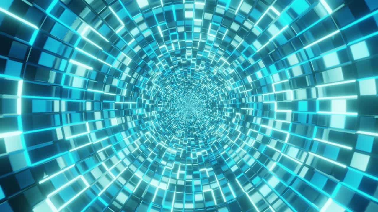 Flying into tunnel, sci-fi spaceship corridor. Futuristic background for tech titles. 3d loop