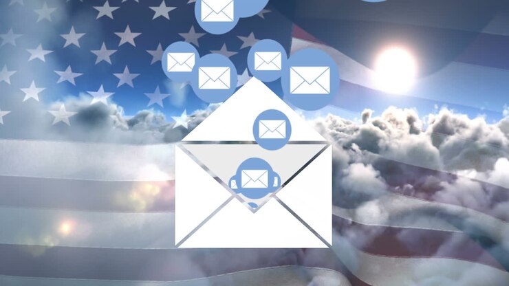 Animation of email icon over clouds and flag of usa