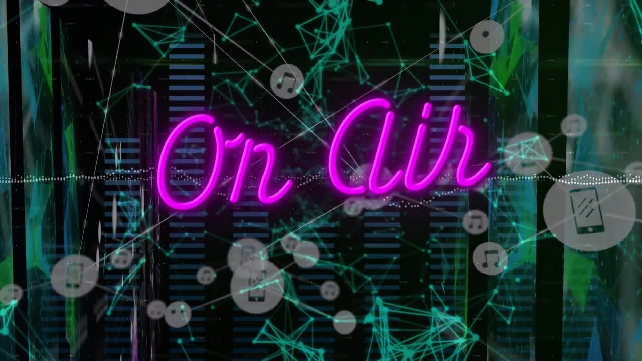 검은색 배경에 연결된 네트워크와 함께 움직이는 열 위의 오프 에어 텍스트의 애니메이션.