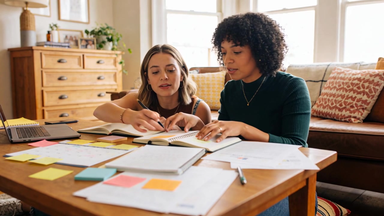 Pointing right woman in green top guiding peer writing in living room, organizing notebooks, pens