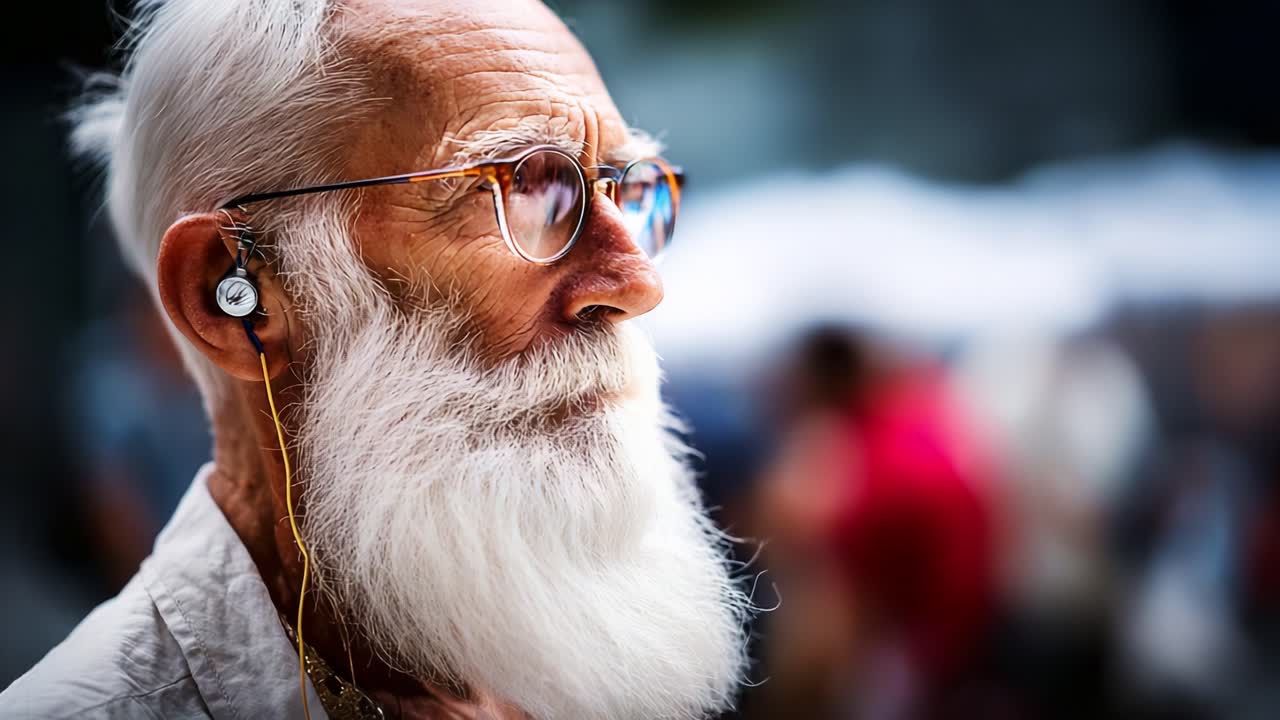 A Thoughtful Elderly Man Enjoys Music with Headphones While Observing His Surroundings, Capturing the Essence of Contemplation and Connection in a Busy Environment