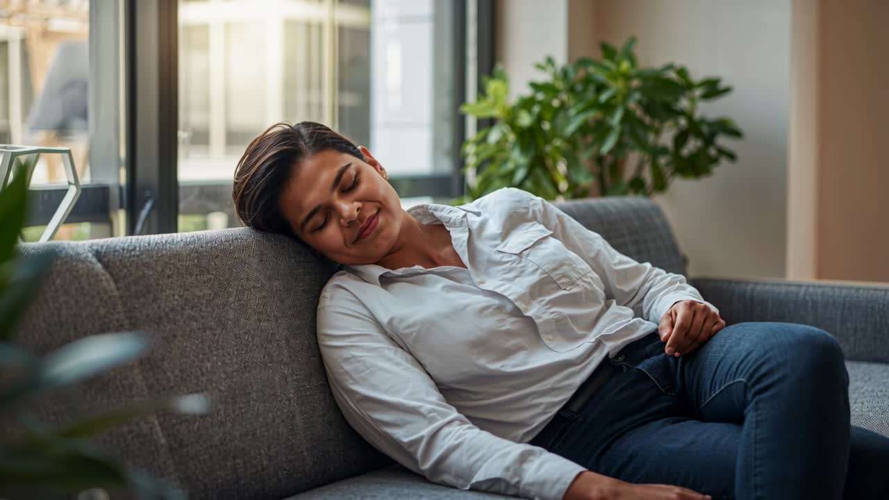 Una donna si rilassa in camicia bianca e pantaloni scuri, cambiando postura su un divano grigio durante la pausa d'ufficio, con una finestra sullo sfondo.