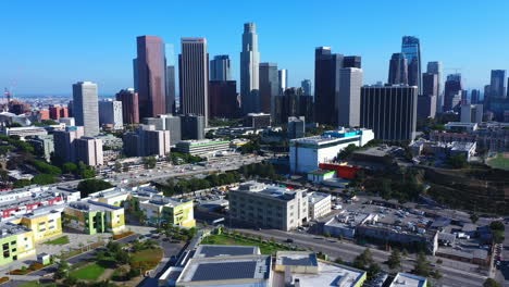 aerial drone shot of the downtown la skyline