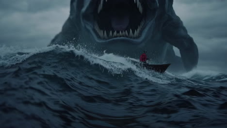 small boat facing a giant sea monster