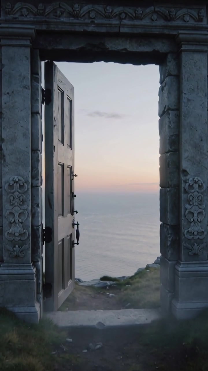 Video vertical: Abriendo una puerta de madera, entrada ornamentada revelando un sendero de acantilado cubierto de hierba y el océano al anochecer.
