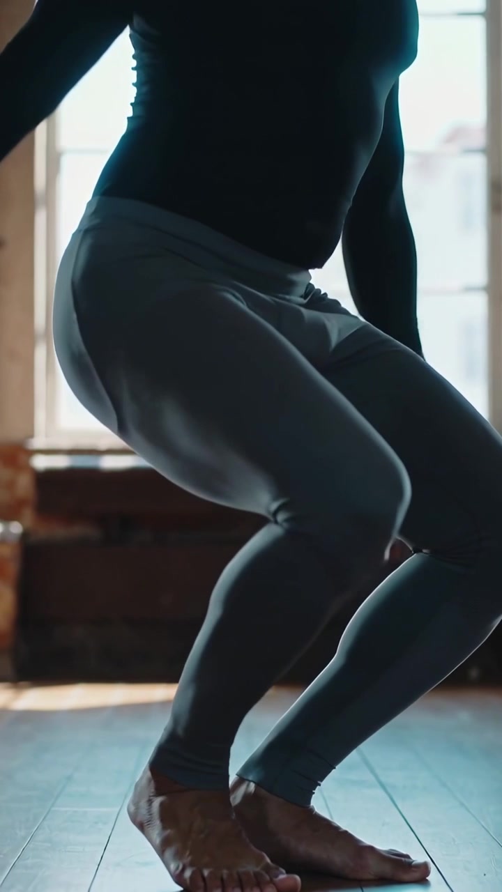 Video verticale: Ballerina che si muove, esegue squat-affondo nella finestra di un loft, a piedi nudi, con leggings grigi e top nero