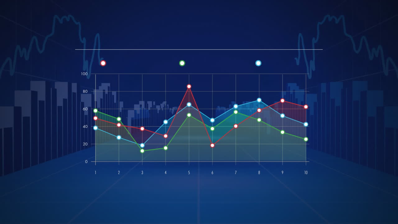 Colourful graph on a dark background moving with changing charts