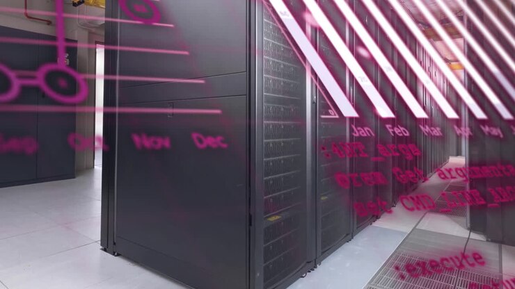 Animation of graphs, globe and computer language over data server room