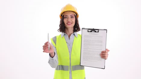 female architect or engineer presenting a contract and pen