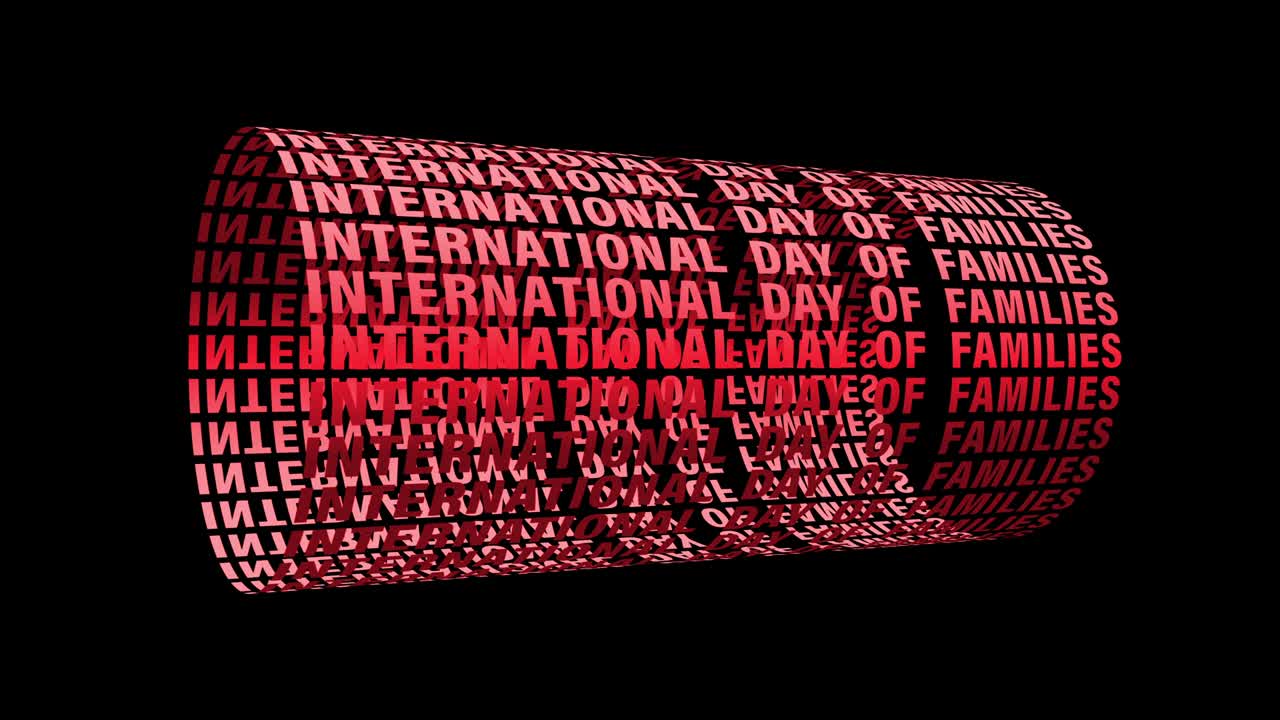 día internacional de las familias cilindro de desplazamiento de texto rojo digital en fondo negro. fondo de animación en bucle 4k 3d sin costuras. fondo de pared para la introducción del evento, título, transición.