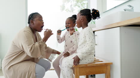 bathroom, black mother and girls brushing teeth