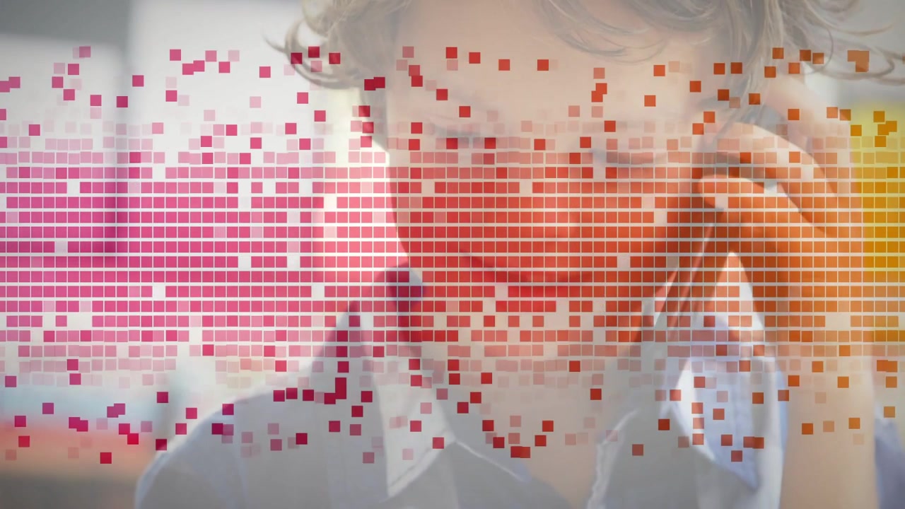Boy holding phone at ear, talking during education call, animated mosaic sweeping across face