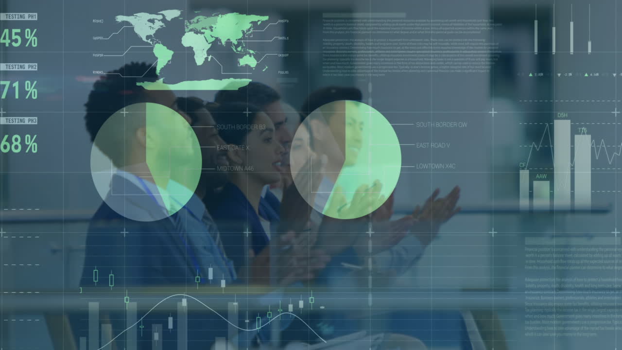 animación del procesamiento estadístico sobre la gente de negocios aplaudiendo