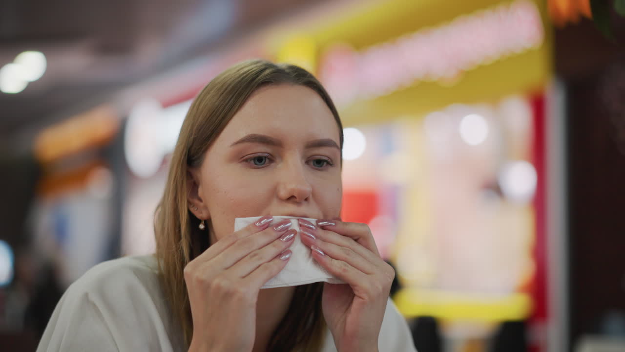 mujer joven sentada sola en una mesa en el centro comercial, doblando papel de pañuelo para limpiar su boca después de disfrutar de una comida en un ambiente relajado, fondo borroso colorido con luces vibrantes