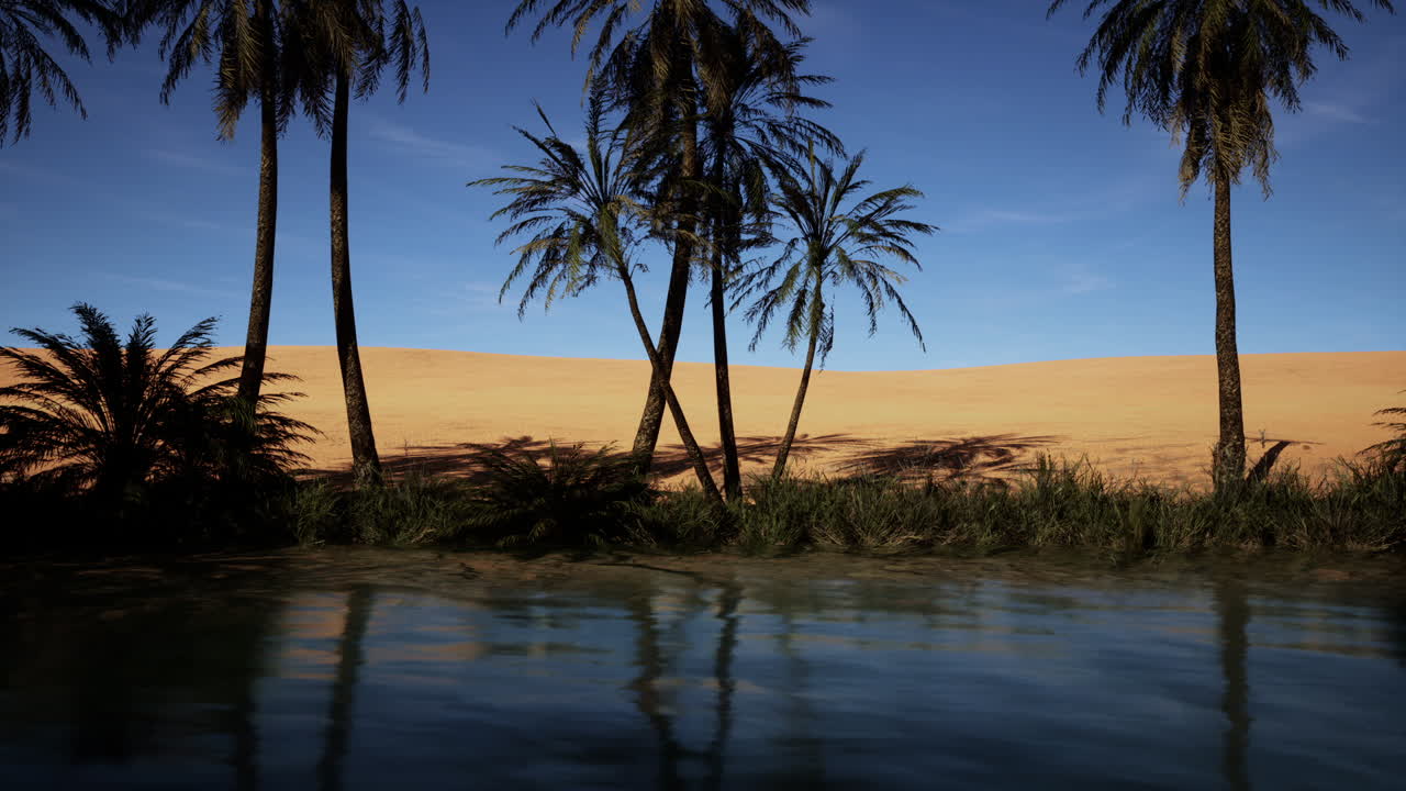A serene oasis in the desert, with palm trees and a reflecting pool of water