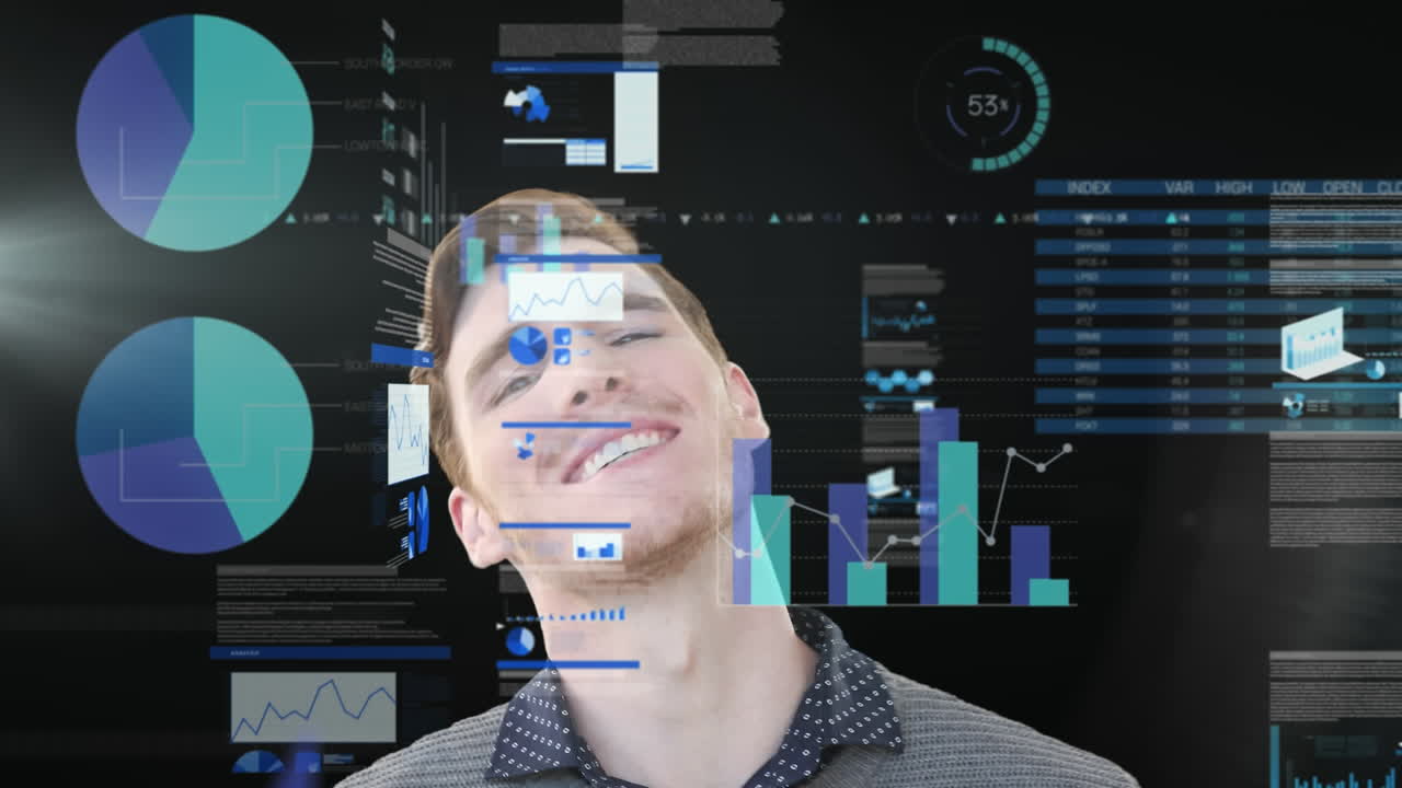 Animation of data processing over smiling caucasian businessman