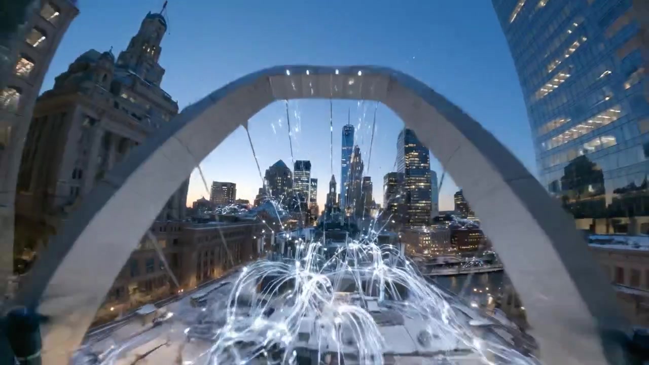 Aerial Winter Cityscape: Majestic Views of Urban Skyline Illuminated at Dusk, Glimmering Lights Reflecting Off Snow-Covered Streets and Buildings