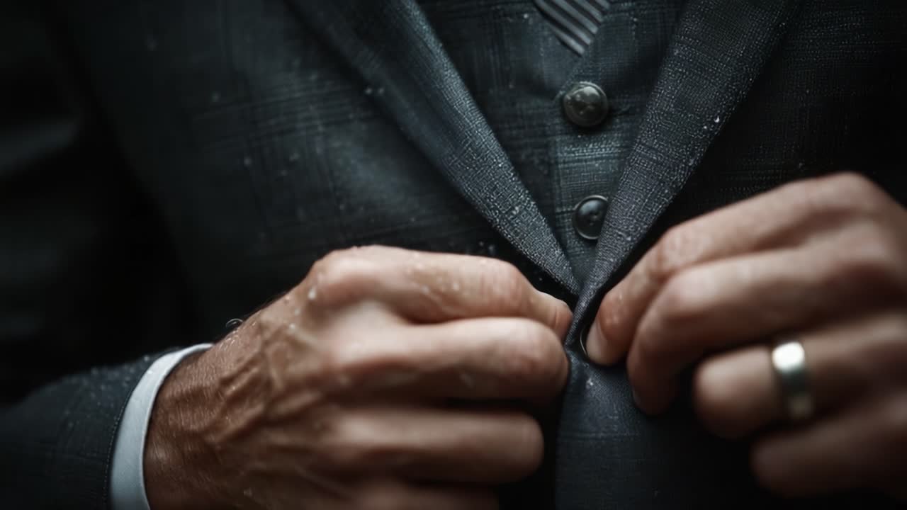 A Close-Up of Elegance: A Stylish Man Adjusting His Grey Suit Amidst a Rainy Setting, Capturing the Sophistication and Attention to Detail in Formal Attire