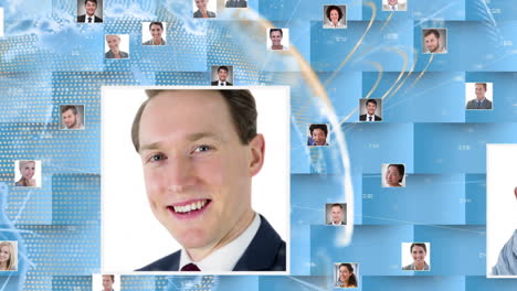 animation of business people portraits over globe and data processing