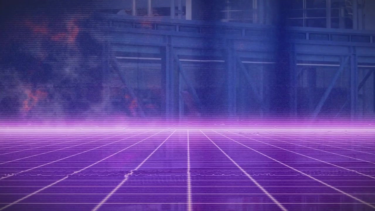 Animation of glitch technique with grid pattern and galaxy over aerial view of building