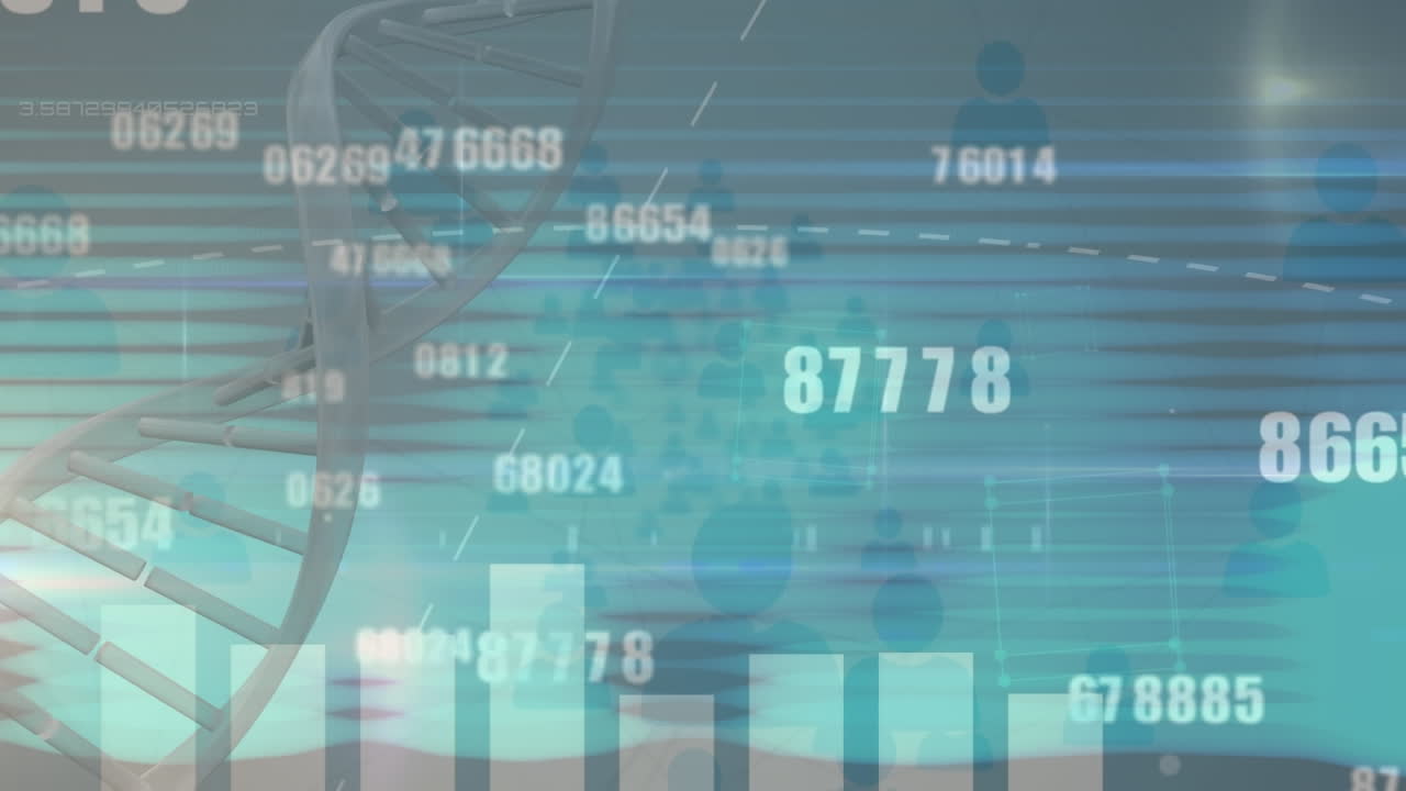 파란색 배경에 dna 스트랜드와 아이콘을 통해 데이터 처리의 애니메이션