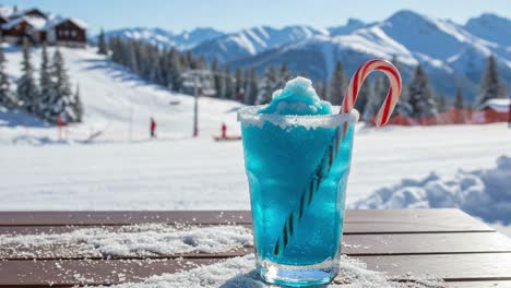 refreshing blue drink with candy cane garnish set against a winter wonderland of snowy mountains and pine trees, perfect for enjoying in a cozy ski lodge atmosphere