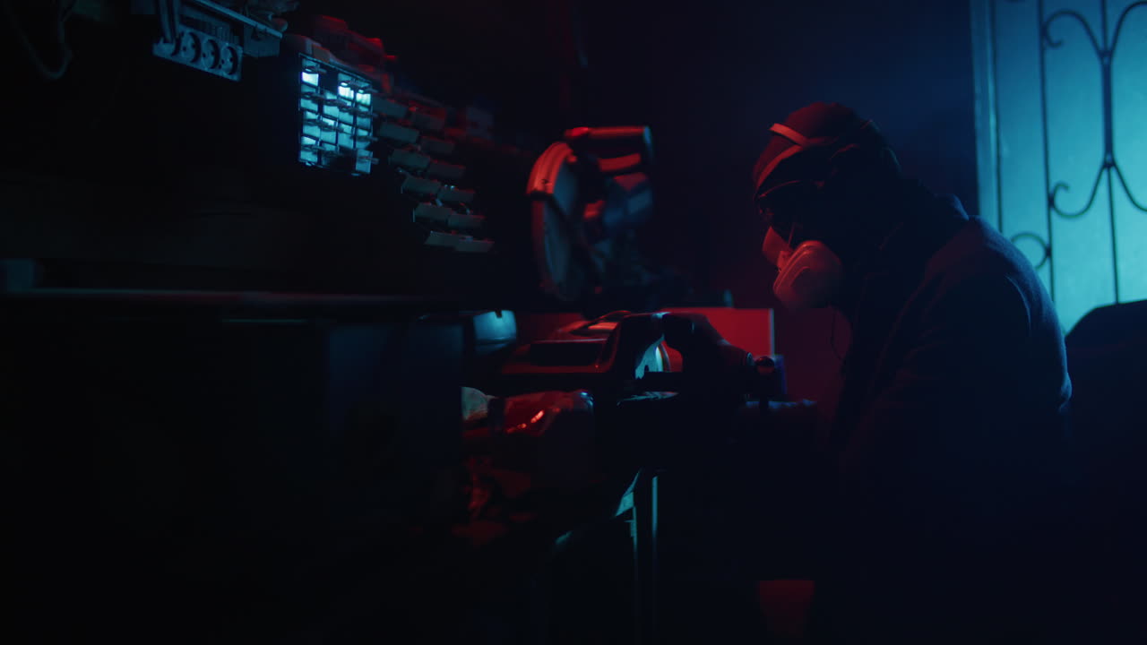 Person in Protective Gear Working in a Dark Workshop