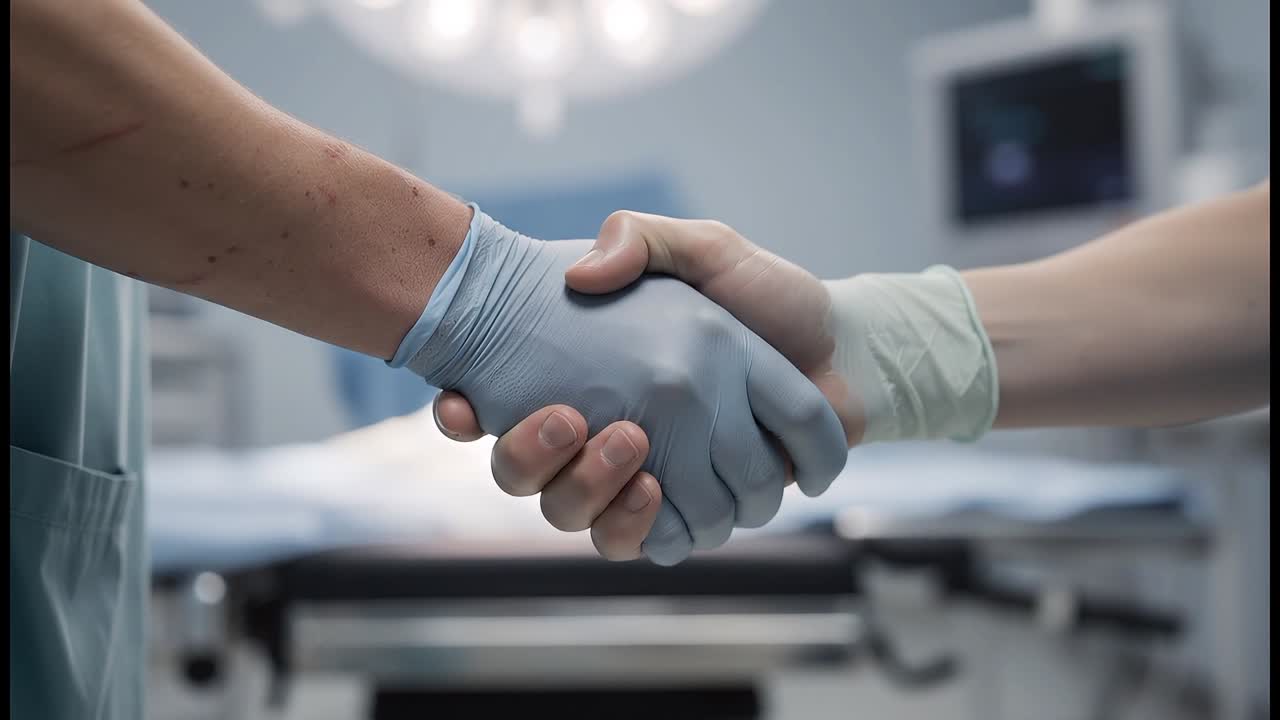 Close-up de médico de luvas e paciente apertando as mãos em quarto de hospital mostrando confiança e cuidado.