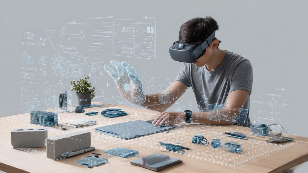 Exploring the Digital Frontier: A Young Innovator Engaged in Virtual Reality Interaction, Manipulating Holographic Objects Amidst an Array of Physical Tools on a Workspace Table, Showcasing Future Technology Integration