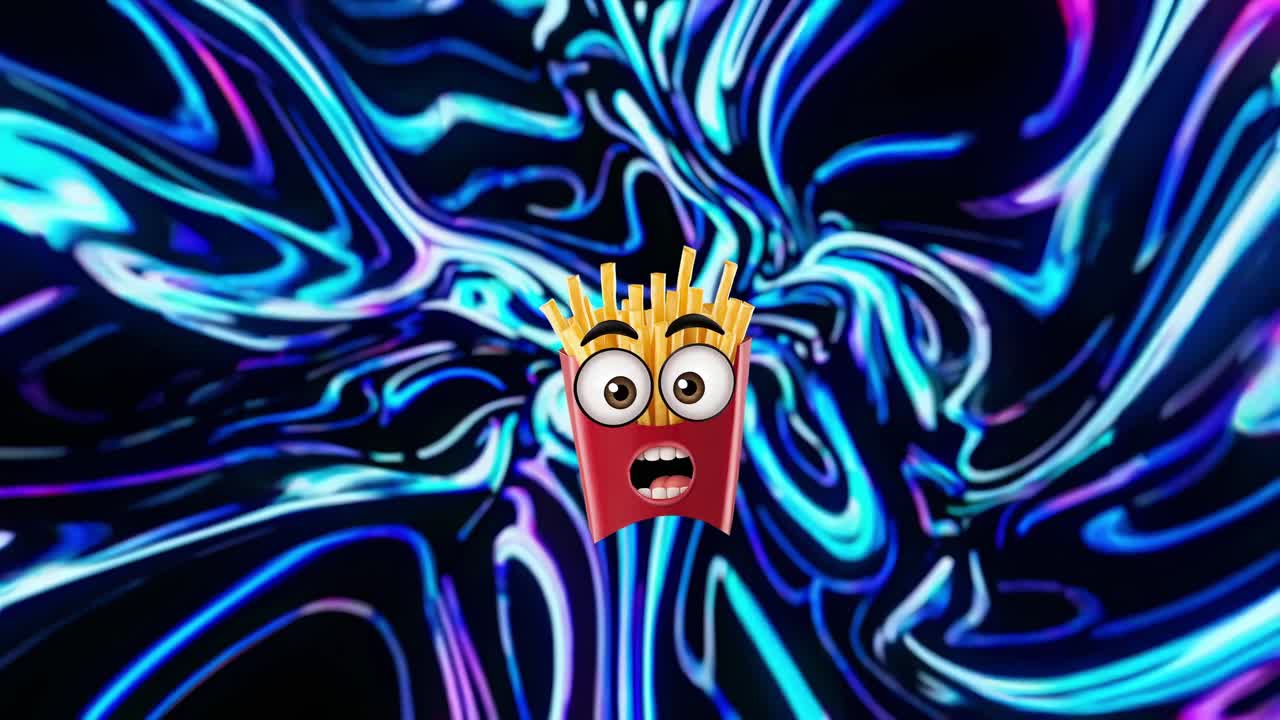 personaje de dibujos animados patatas fritas experimentando una intensa sorpresa contra un fondo psicodélico vibrante y giratorio, mostrando una reacción emocional exagerada con los ojos abiertos y la mandíbula caída