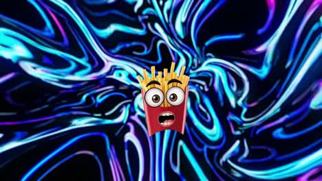 cartoon french fries character experiencing intense surprise against vibrant, swirling psychedelic background, showing exaggerated emotional reaction with wide eyes and dropped jaw