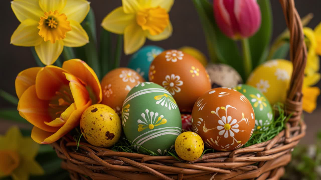 A Vibrant Spring Celebration with an Easter Basket Filled with Colorful Decorative Eggs Surrounded by Brightly Colored Flowers and Fresh Greenery