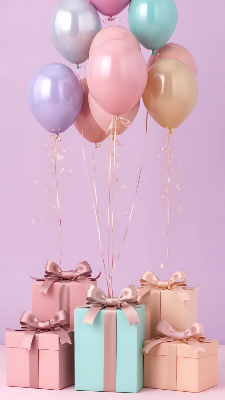 Video di sfondo di compleanno con palloncini e scatole regalo 4K