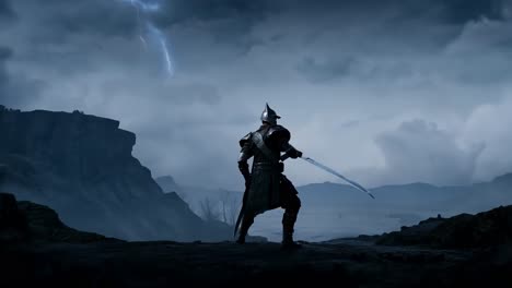 a knight stands on a mountaintop during a storm