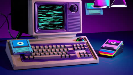 retro computer setup with neon aesthetic
