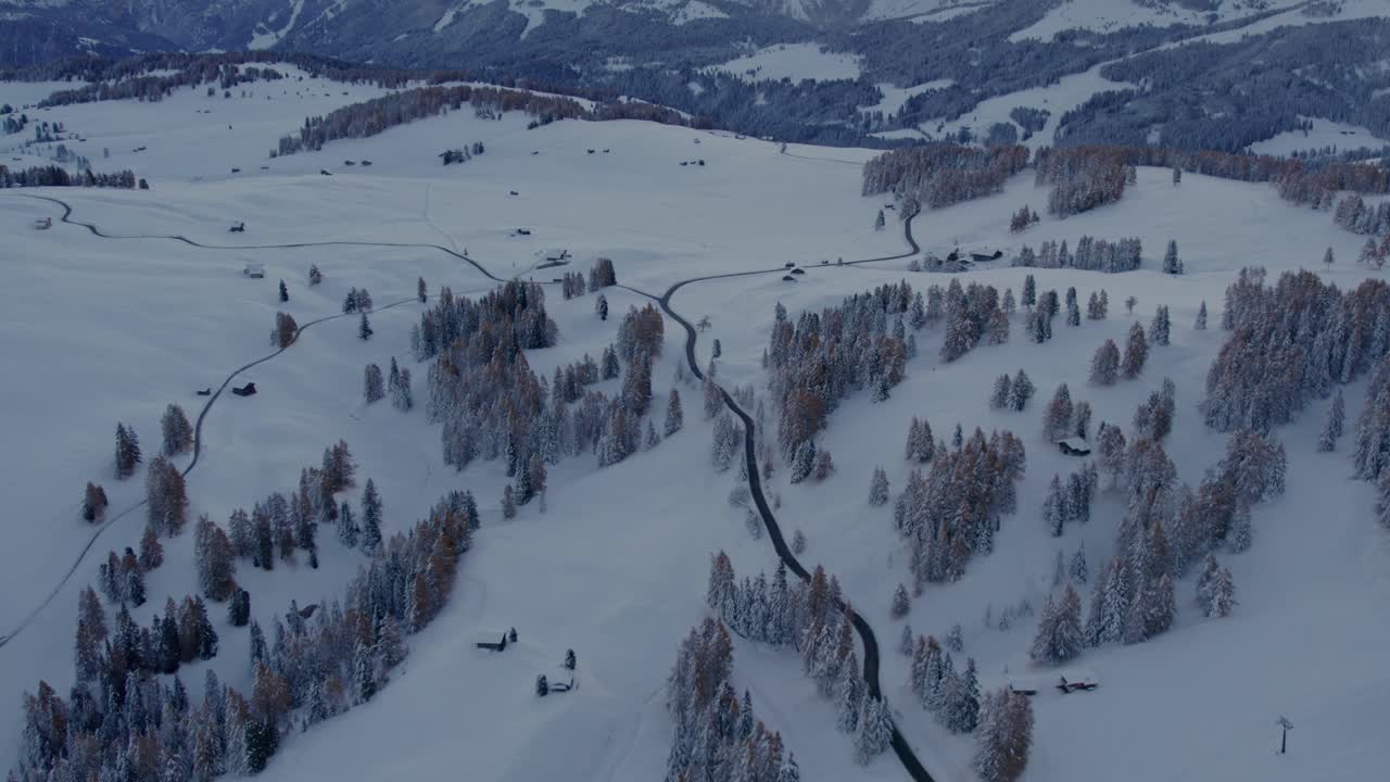 Panoramica invernale suggestiva dell'Alpe di Siusi con cime innevate e foreste, Alto Adige