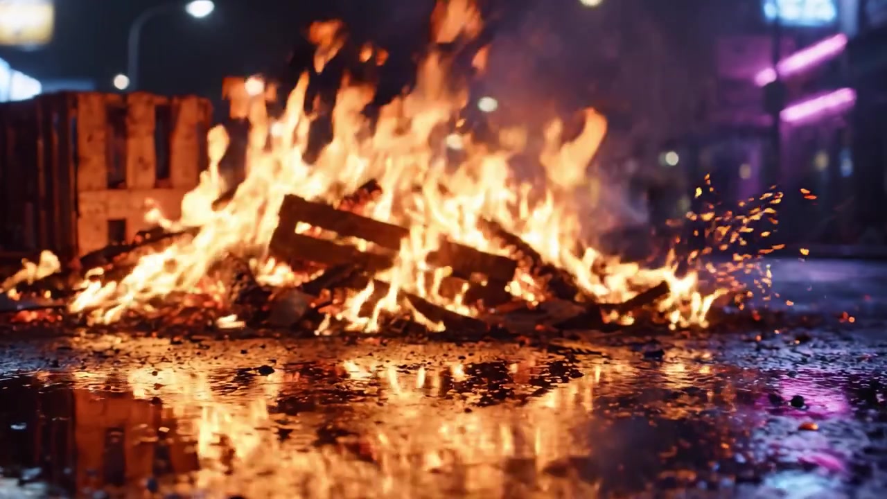 A captivating scene of a vibrant fire burning brightly in the night, showcasing burning wooden pallets against the backdrop of a mesmerizing urban environment, reflecting on the wet street.